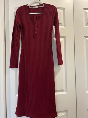 PinkBlush Ribbed Long Sleeve Henley Midi Dress - Burgundy